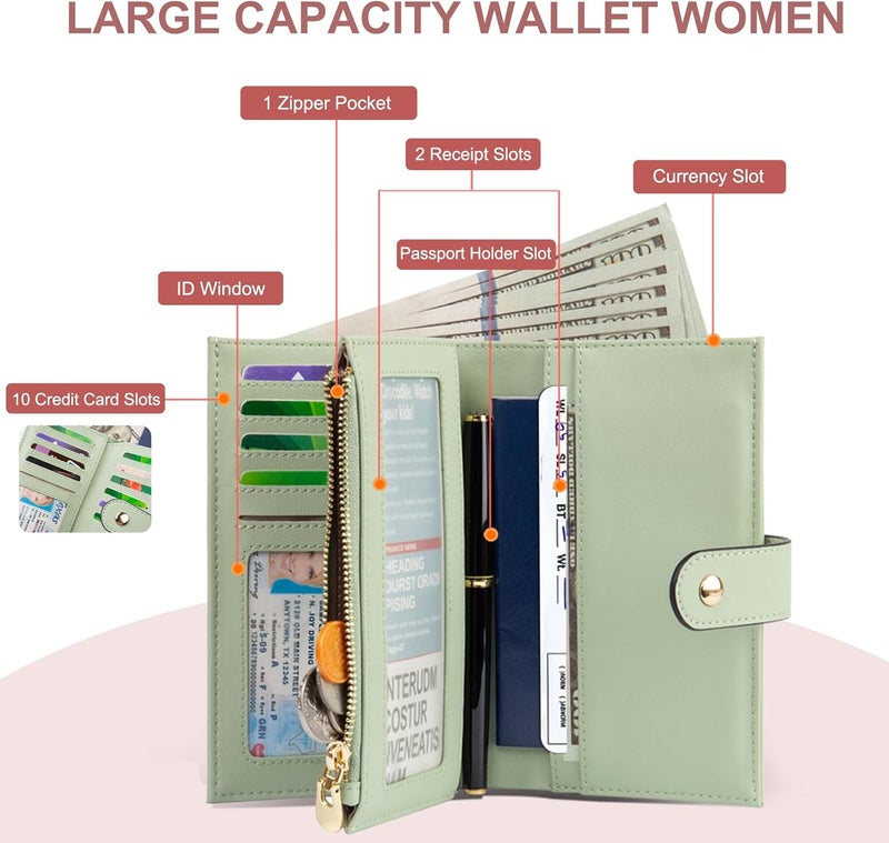 yiijay Wallets for Women RFID Blocking Leather Trifold Clutch Wallet Credit Card Holder Ladies Travel Wallet Purse with Pen Holder - Image 2